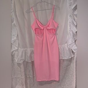Bright Pink Body Con Spaghetti Strap Dress w/ cut outs and adjustable straps.